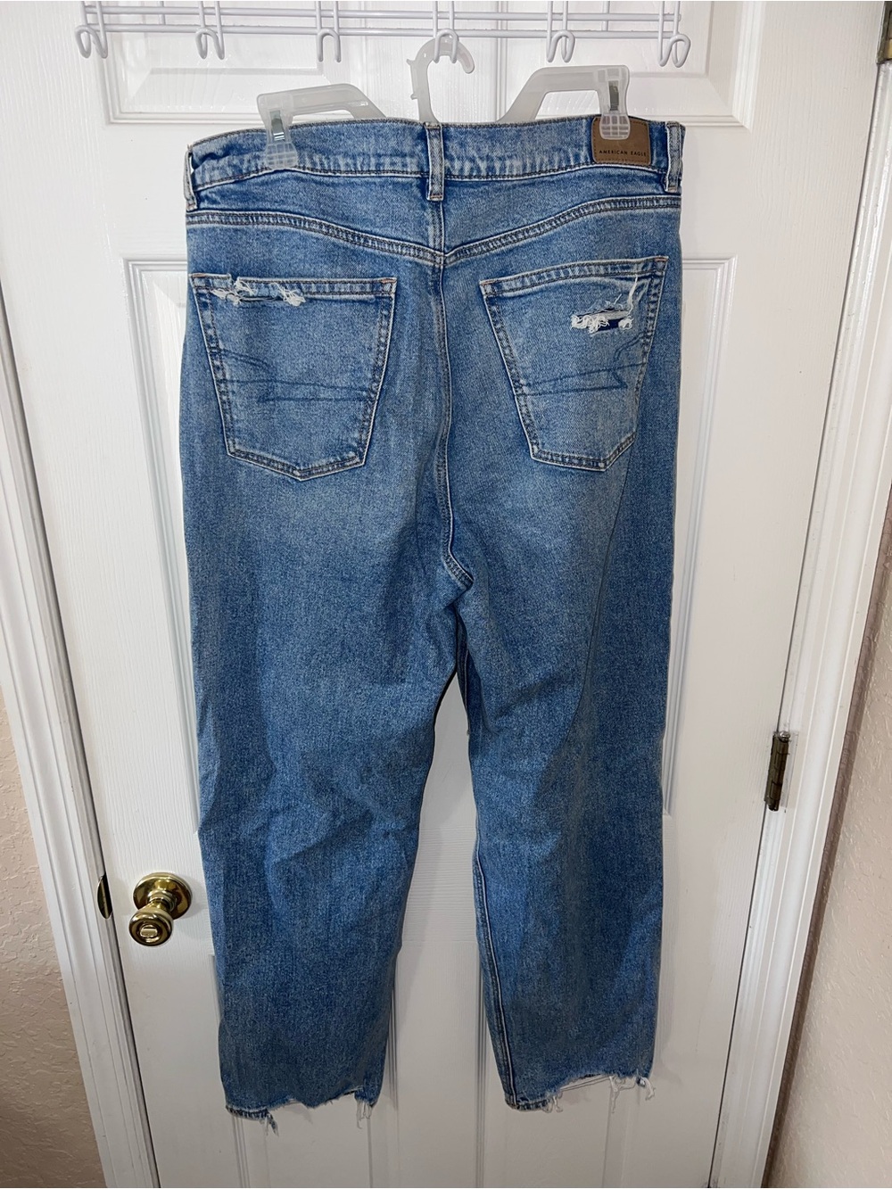 American Eagle Distressed Light Blue Super High-Rise Baggy Straight Leg Jeans - Picture 3 of 13